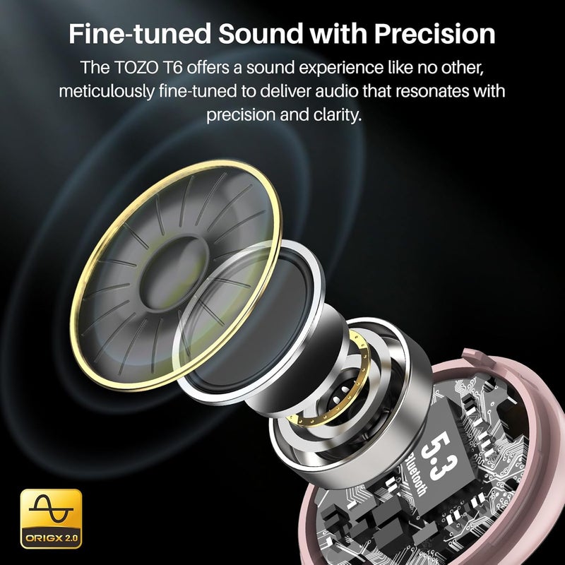 TOZO T6 Wireless Earbuds, Bluetooth 5.3 Ear Buds, Stereo Sound in Ear Headphones, 50 Hours Playtime, Wireless Charging Case, APP Customizable EQs, IPX8 Waterproof Earphones - Image 3